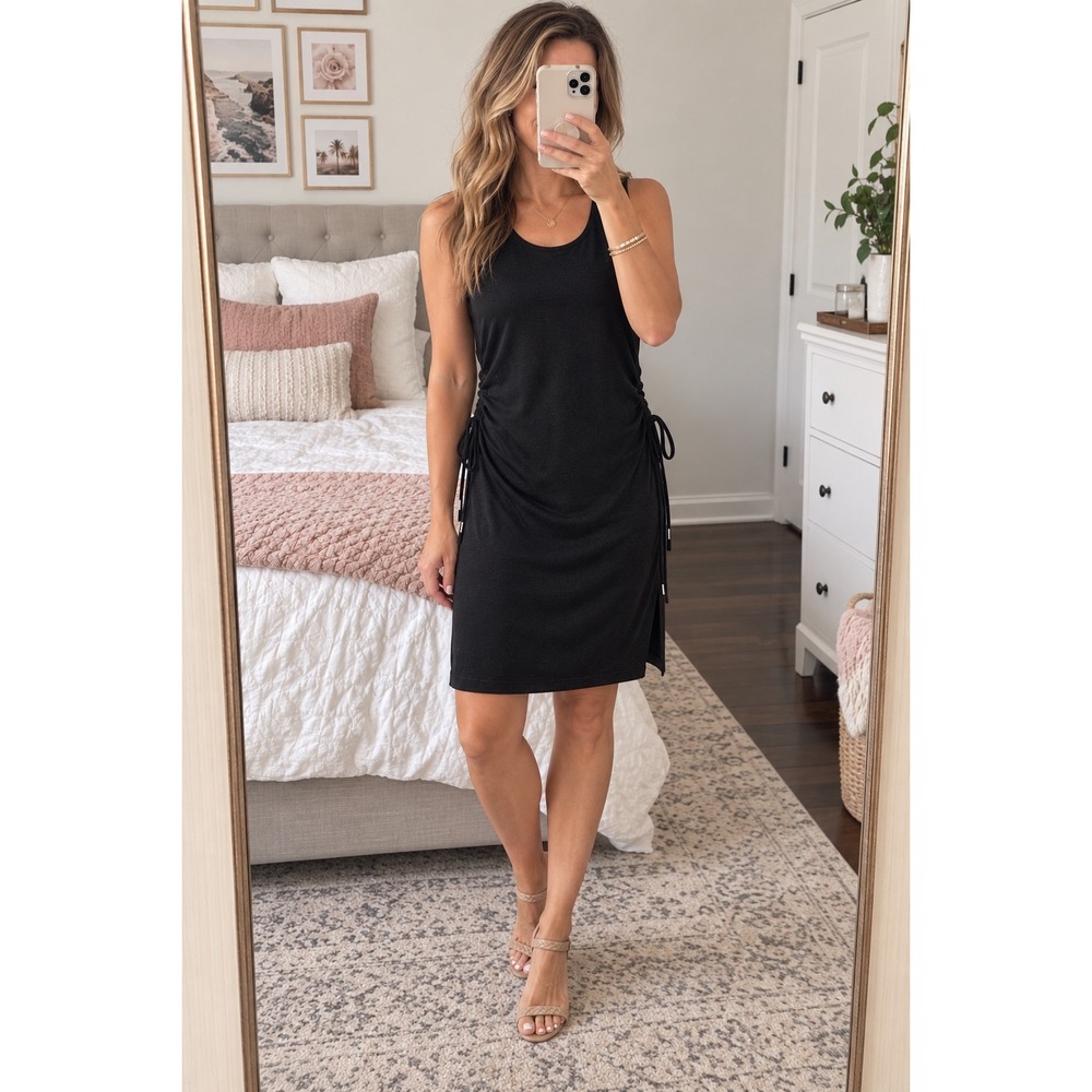 Theory Black Linen Blend Double Layer Dress Women's Medium Sleeveless Tie Sides